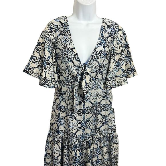 Taylor Boho Blue Dress Sz 12 Tiered Midi Lined Front Tie Flutter Sleeve New - Picture 11 of 13